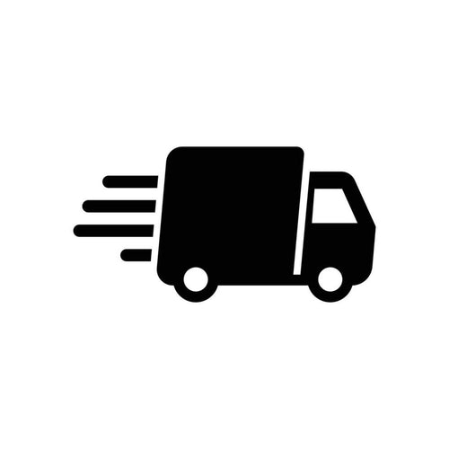 Black silhouette of a delivery truck with speed lines on a white background